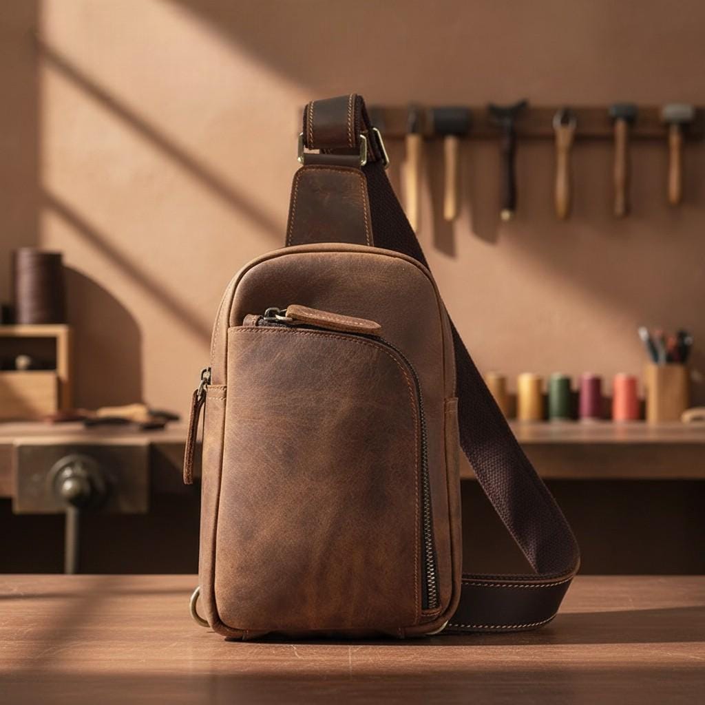 Leather Men's Chest Bag, Vintage Crazy Horse Sling Bag, Premium Cowhide Crossbody Travel Backpack