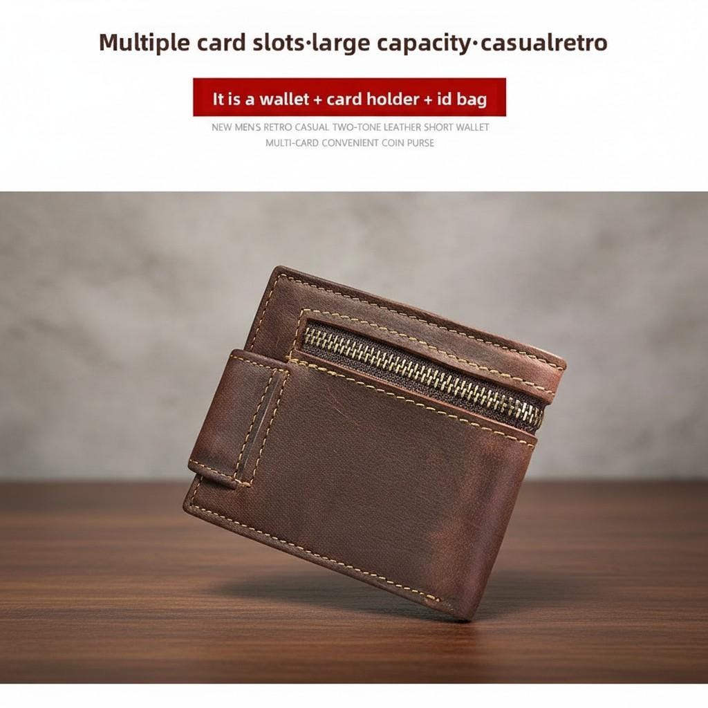 Genuine Leather Bifold Wallet for Men – Crazy Horse Vintage Short Wallet with Zipper Coin Pocket