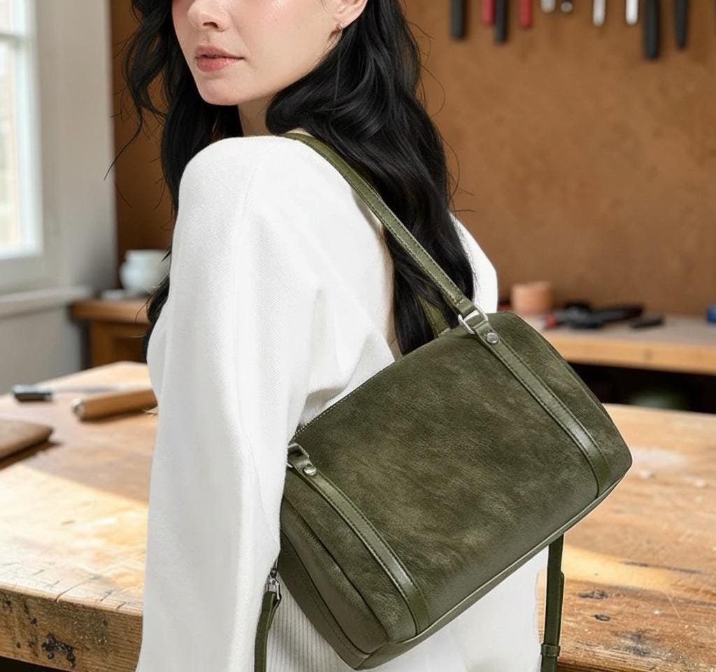 Genuine Suede Leather Shoulder Bag for Women – Vintage Cowhide Crossbody Boston Purse