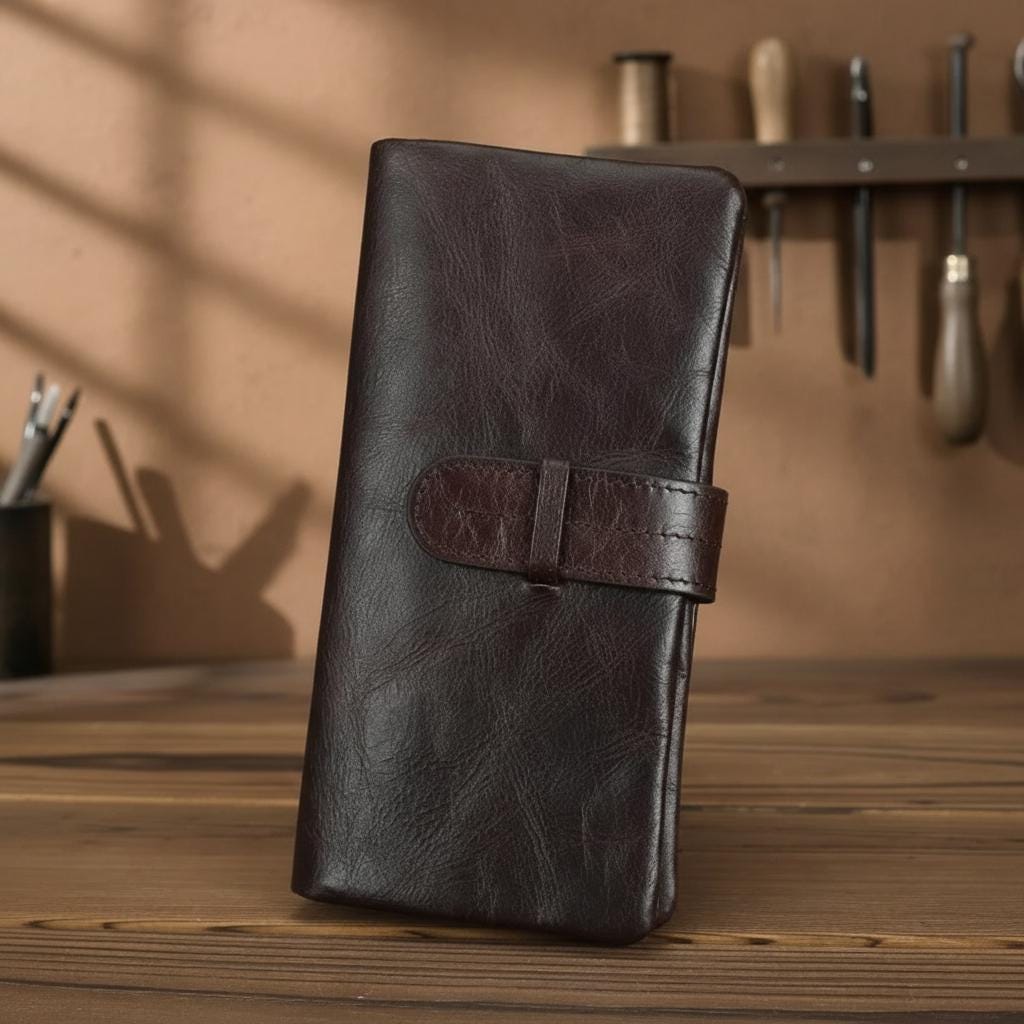 Leather Wallet for Men & Women – Vintage Bifold Clutch Purse with Strap Closure, Slim Card Holder