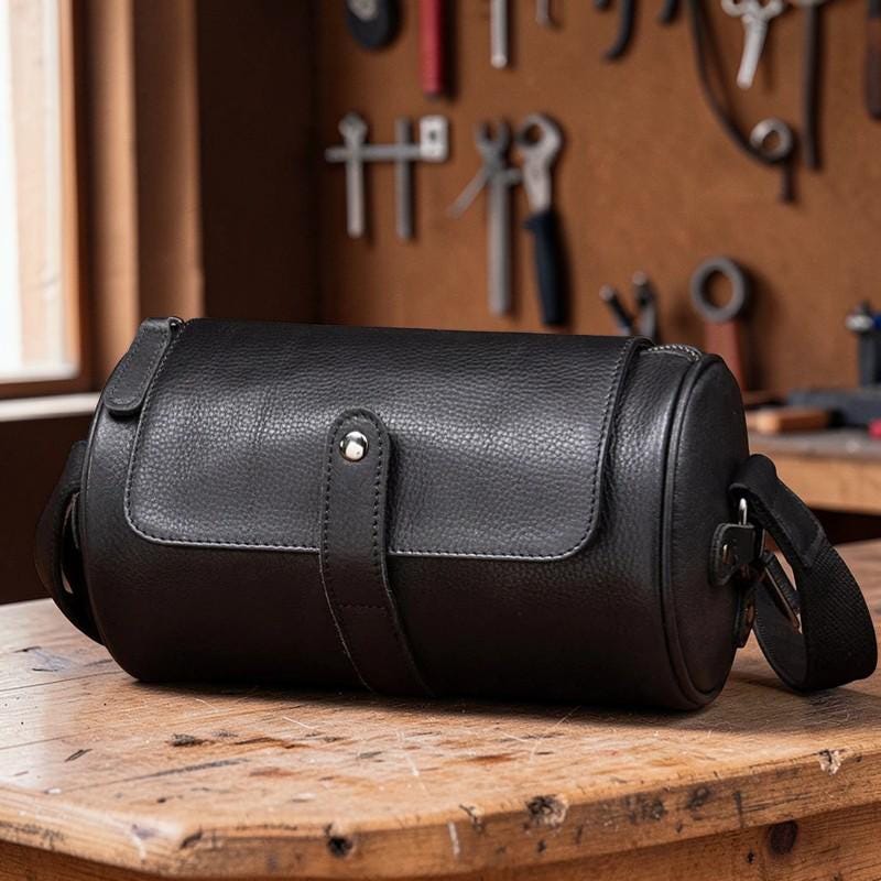 Vegetable Tanned Leather Cylinder Bag, Round Crossbody Satchel for Men and Women, Distressed Leather Drum Bag, Unisex Vintage Shoulder Bag