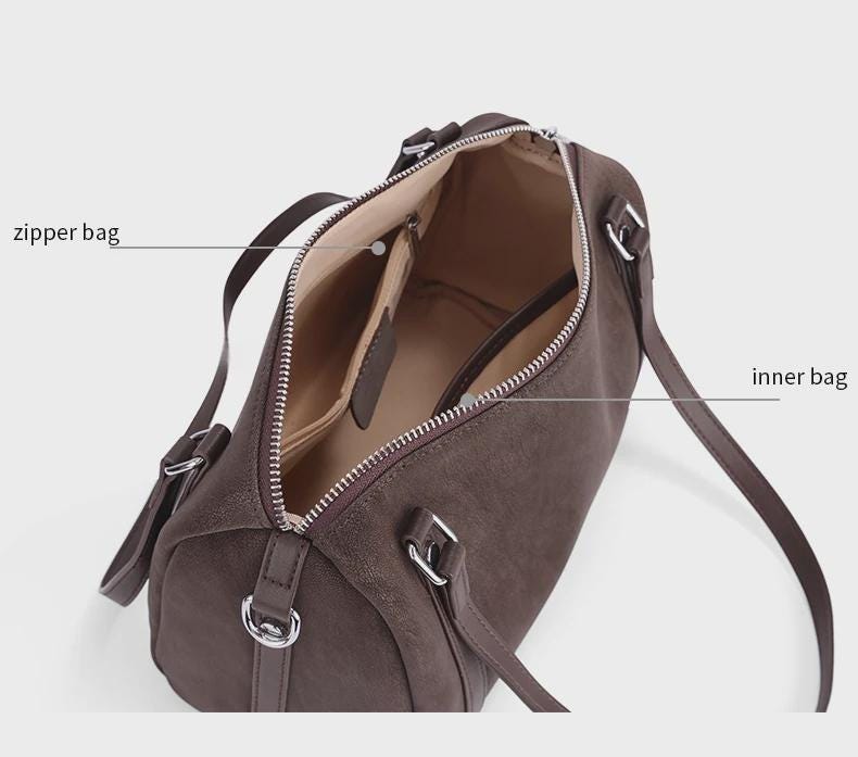 Genuine Suede Leather Shoulder Bag for Women – Vintage Cowhide Crossbody Boston Purse