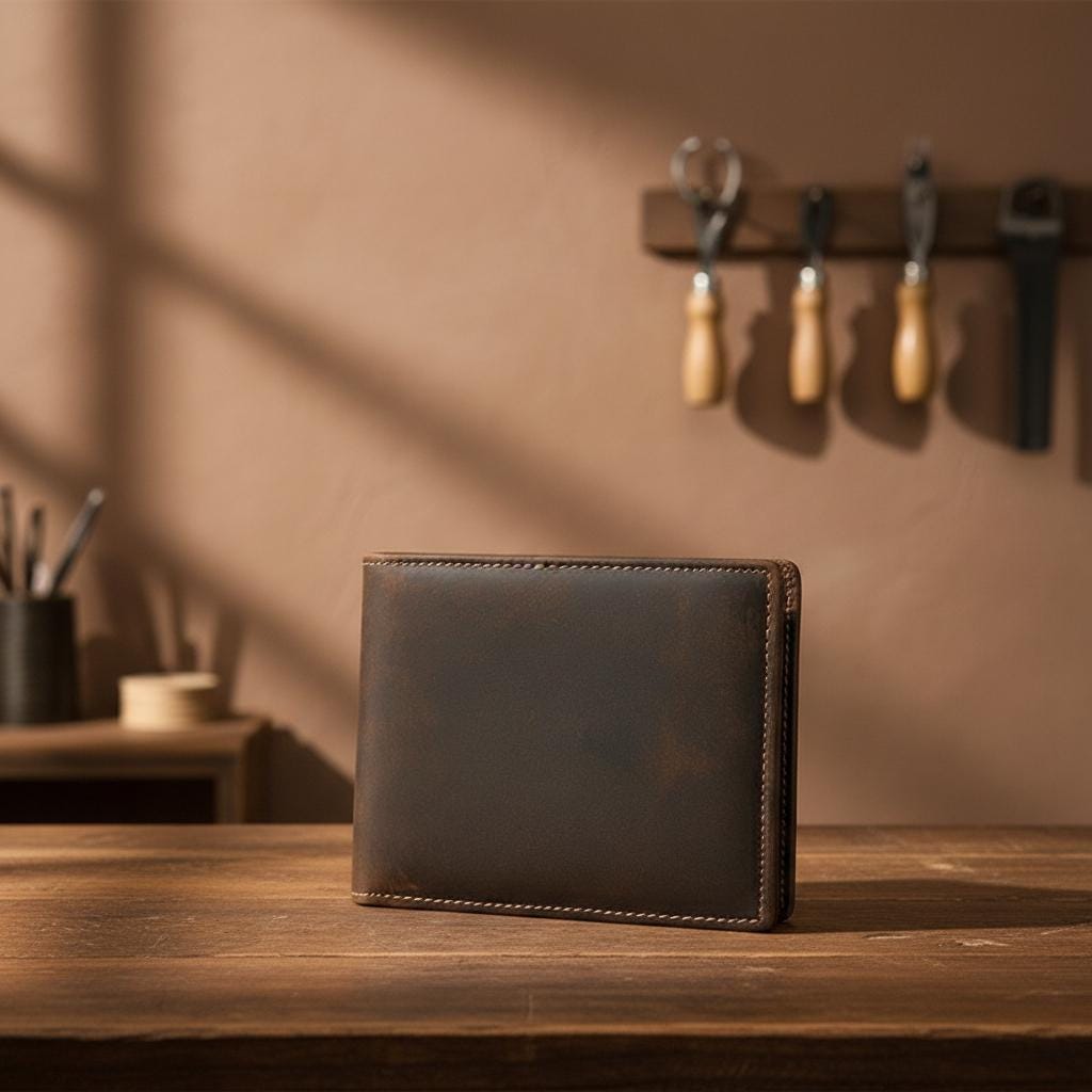 Mens Bifold Genuine Leather Wallet, Slim Cowhide Short Wallet with Coin Pocket, Minimalist Brown Leather Card Holder for Men