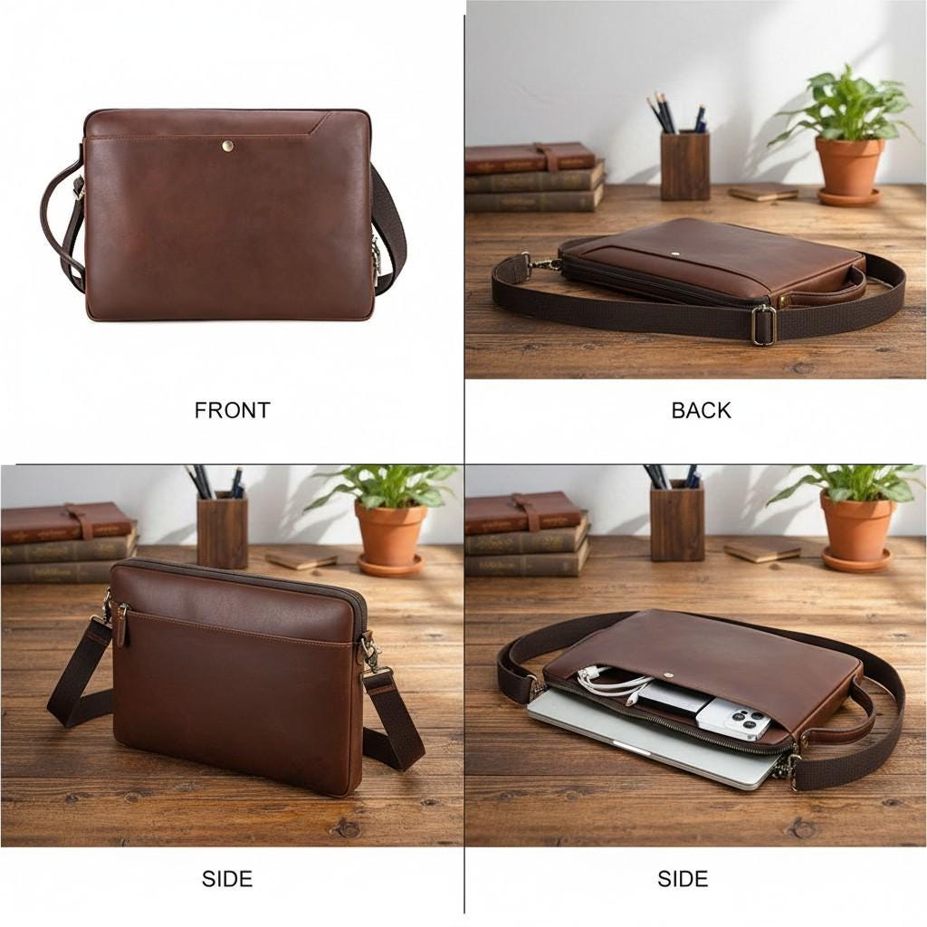 Leather Laptop Bag 13" 14" – Brown Vintage MacBook Pro Air Briefcase with Shoulder Strap