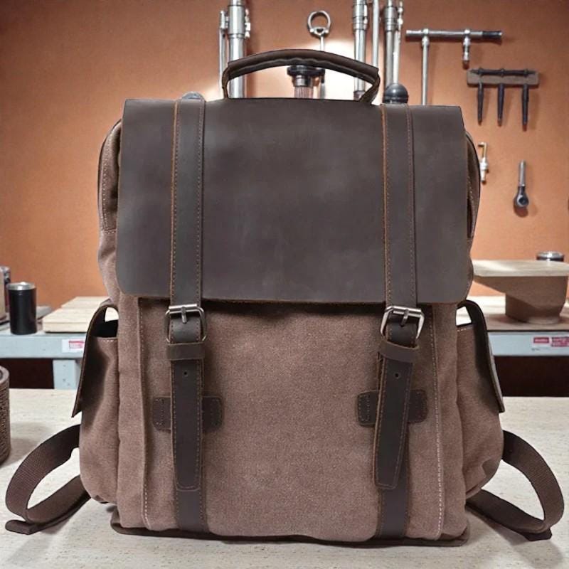 Vintage Canvas Leather Backpack – Unisex Travel Backpack, Military Laptop Backpack, Large Capacity Hiking Bag, Canvas Rucksack