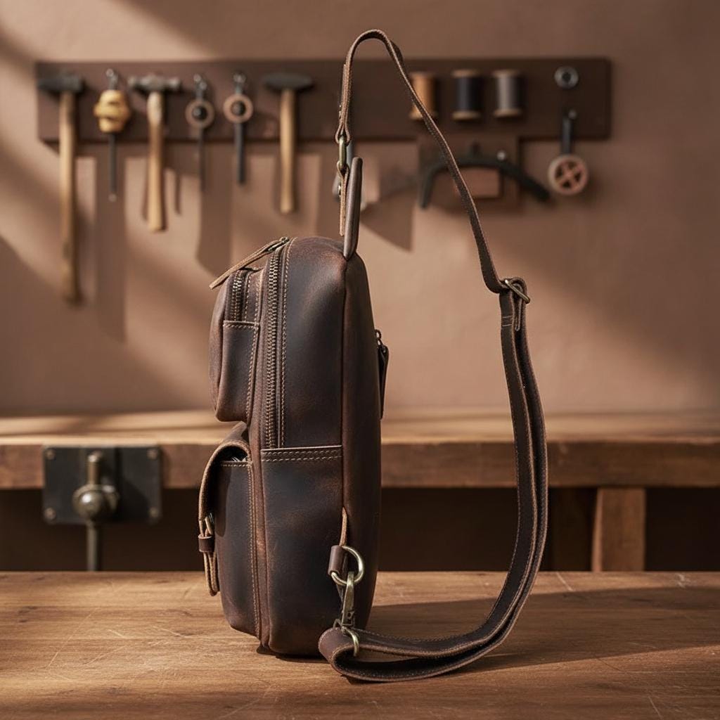 Men's Genuine Leather Chest Bag Vintage Dark Brown Crossbody Sling Bag Top Grain Cowhide Shoulder Bag for Travel & Everyday