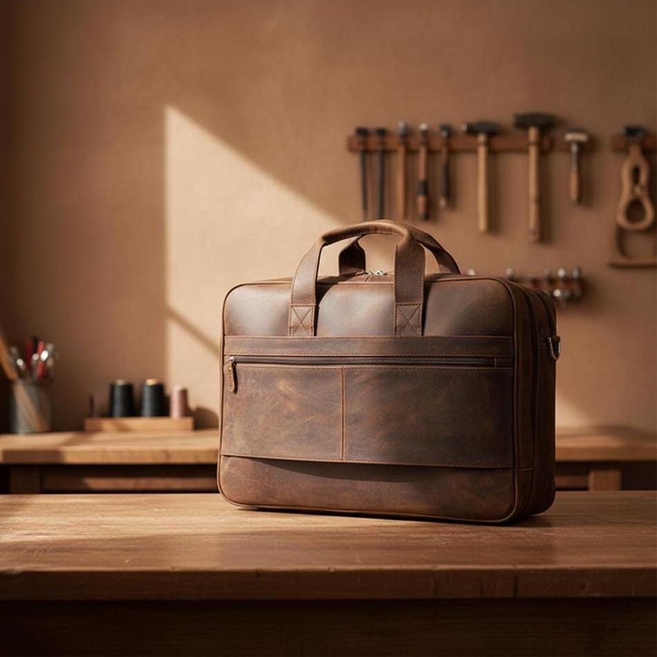 Vintage Crazy Horse Genuine Leather Briefcase 17 Inch Laptop Bag for Men – Large Brown Business Messenger Shoulder Bag