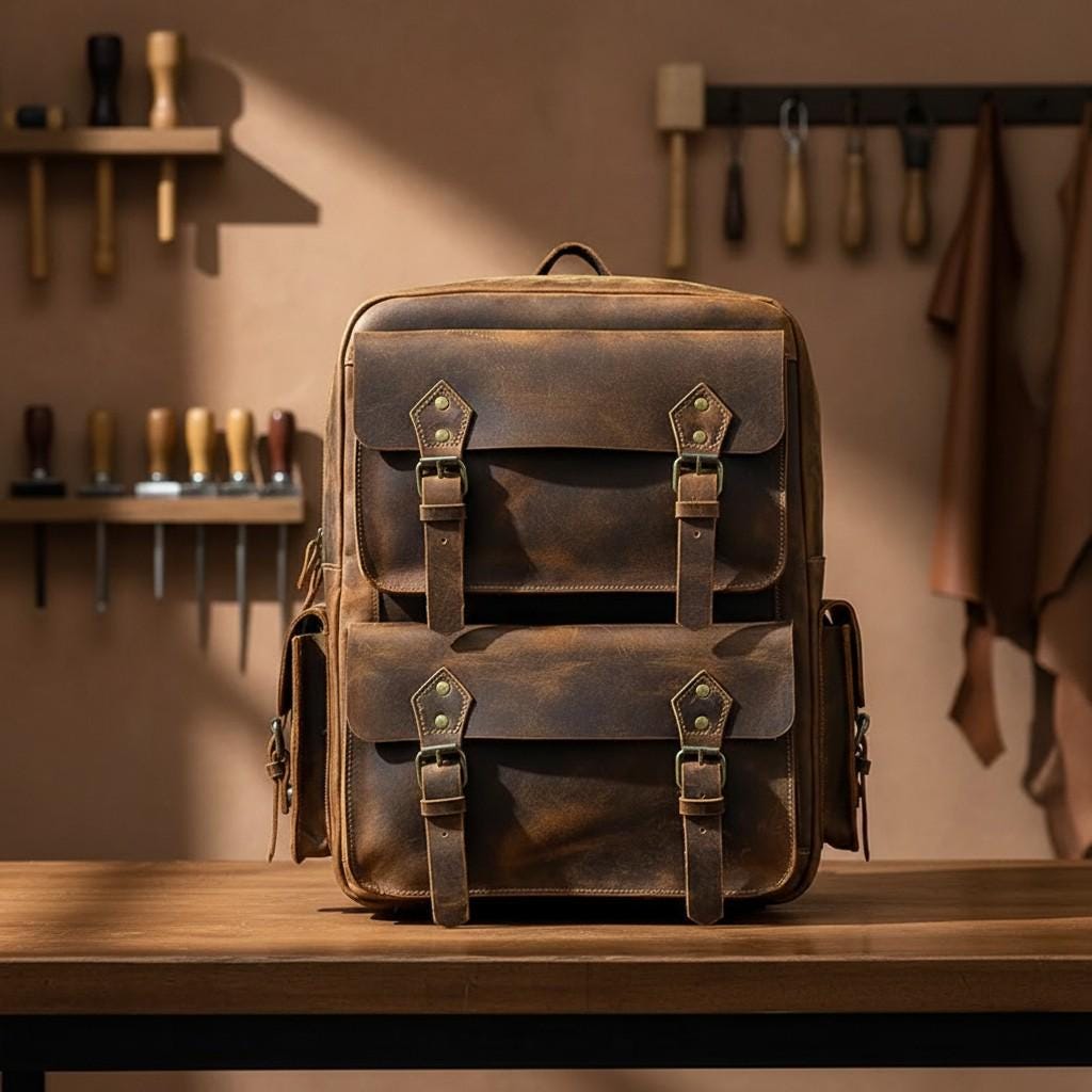 Backpack 17" Laptop Bag – Vintage Brown Genuine Cowhide Travel Rucksack for Work & School