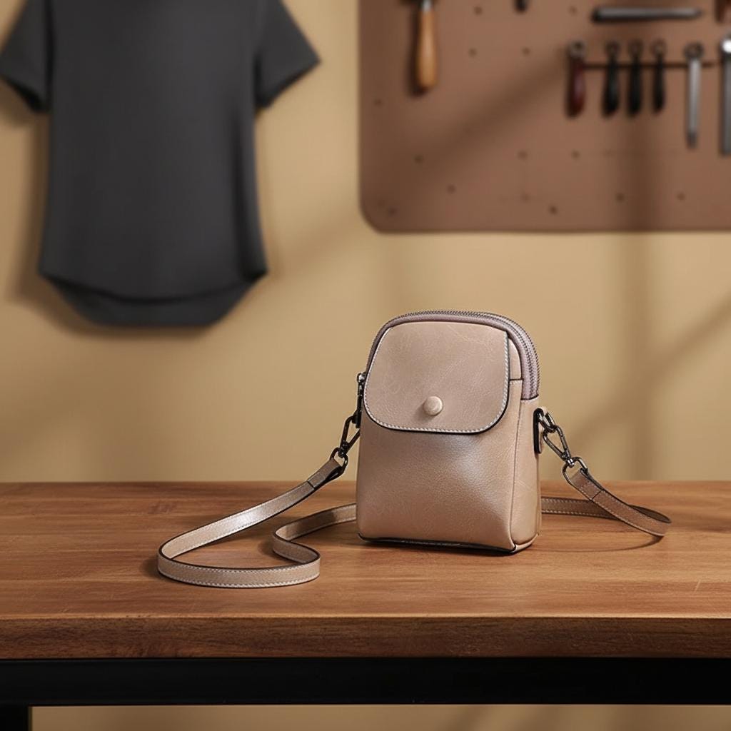 Compact Vertical Leather Crossbody Bag – Genuine Cowhide Phone Shoulder Purse with Flap Pocket for Women