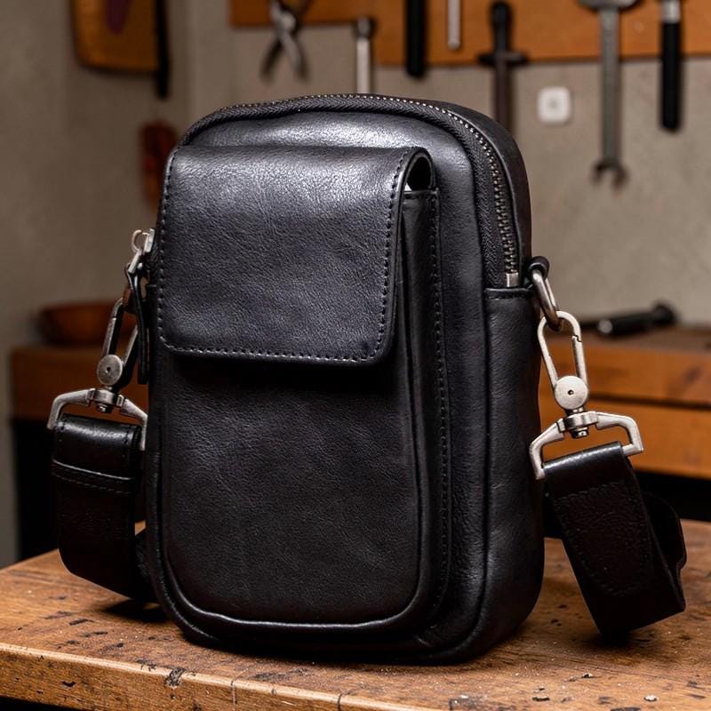 Vegetable Tanned Leather Shoulder Bag, Men's Crossbody Phone Bag, Vintage Leather Messenger, Small Satchel for Men, Minimalist Leather Pouch