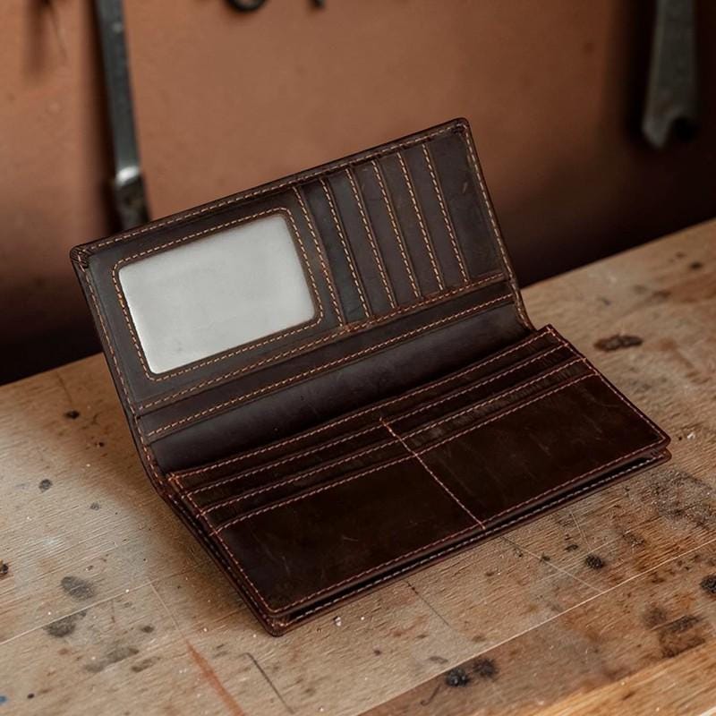 Men’s Genuine Leather Long Wallet – Crazy Horse Cowhide Bifold Wallet, Slim Card Holder, Vintage Leather Wallet for Men