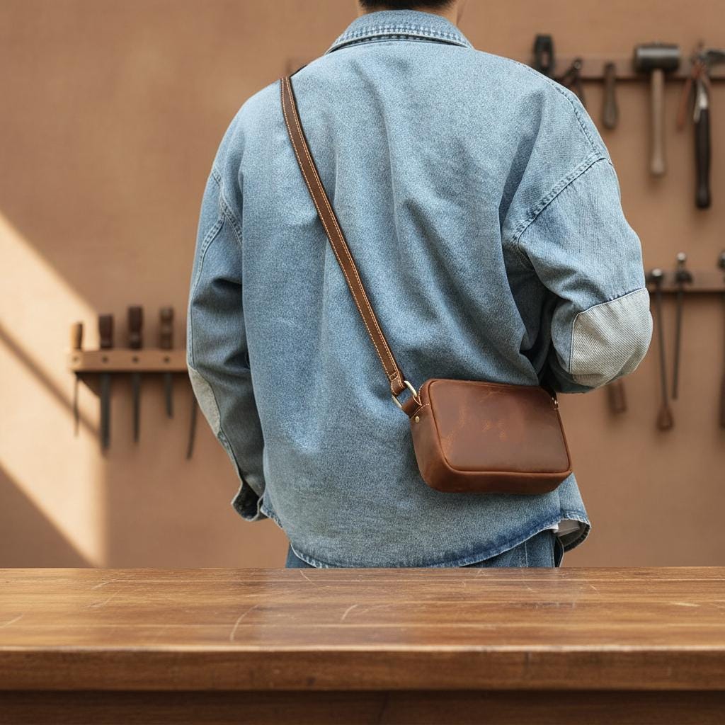 Horse Leather Crossbody Bag for Men, Genuine Cowhide Messenger Shoulder Bag, Small Minimalist Phone Sling Bag