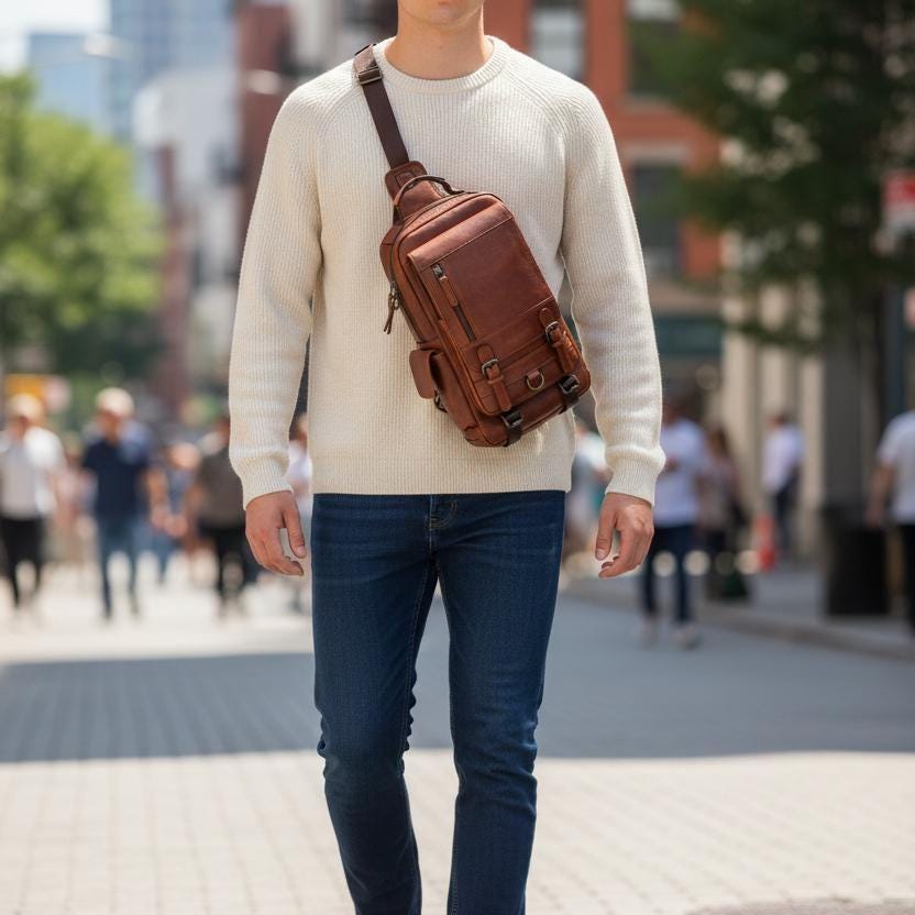 Men's Genuine Leather Chest Bag, Vintage Sling Crossbody Backpack, Cowhide Single Shoulder Bag, Casual Everyday Travel Pack
