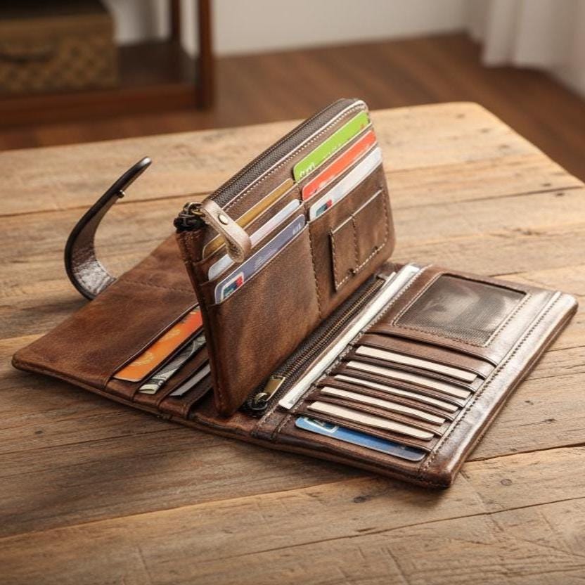 Vintage Full Grain Leather Long Wallet for Men – Crazy Horse Oil Wax Zipper Clutch Wallet, Travel Organizer Card Holder