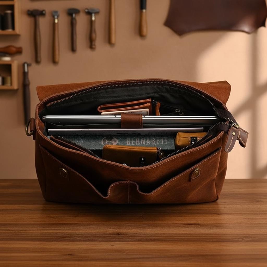 Vintage Genuine Cowhide Leather Briefcase for Men, Brown A4 Laptop Bag 14-15 Inch, Classic Office Messenger Shoulder Bag