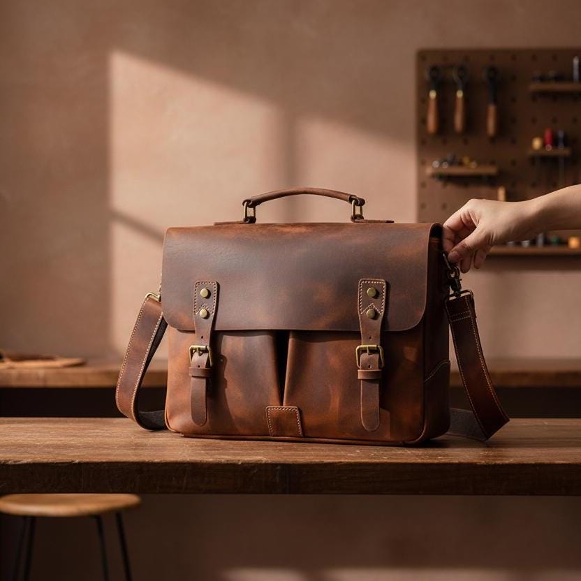 Vintage Genuine Cowhide Leather Briefcase for Men, Brown A4 Laptop Bag 14-15 Inch, Classic Office Messenger Shoulder Bag