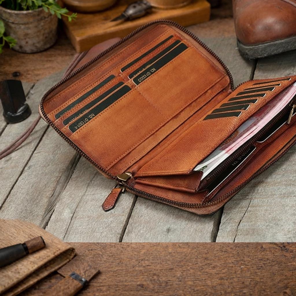 Vintage Full Grain Leather Long Wallet for Men – Zipper Clutch Cowhide Organizer with Card Slots & Coin Pocket, Brown Handmade Style