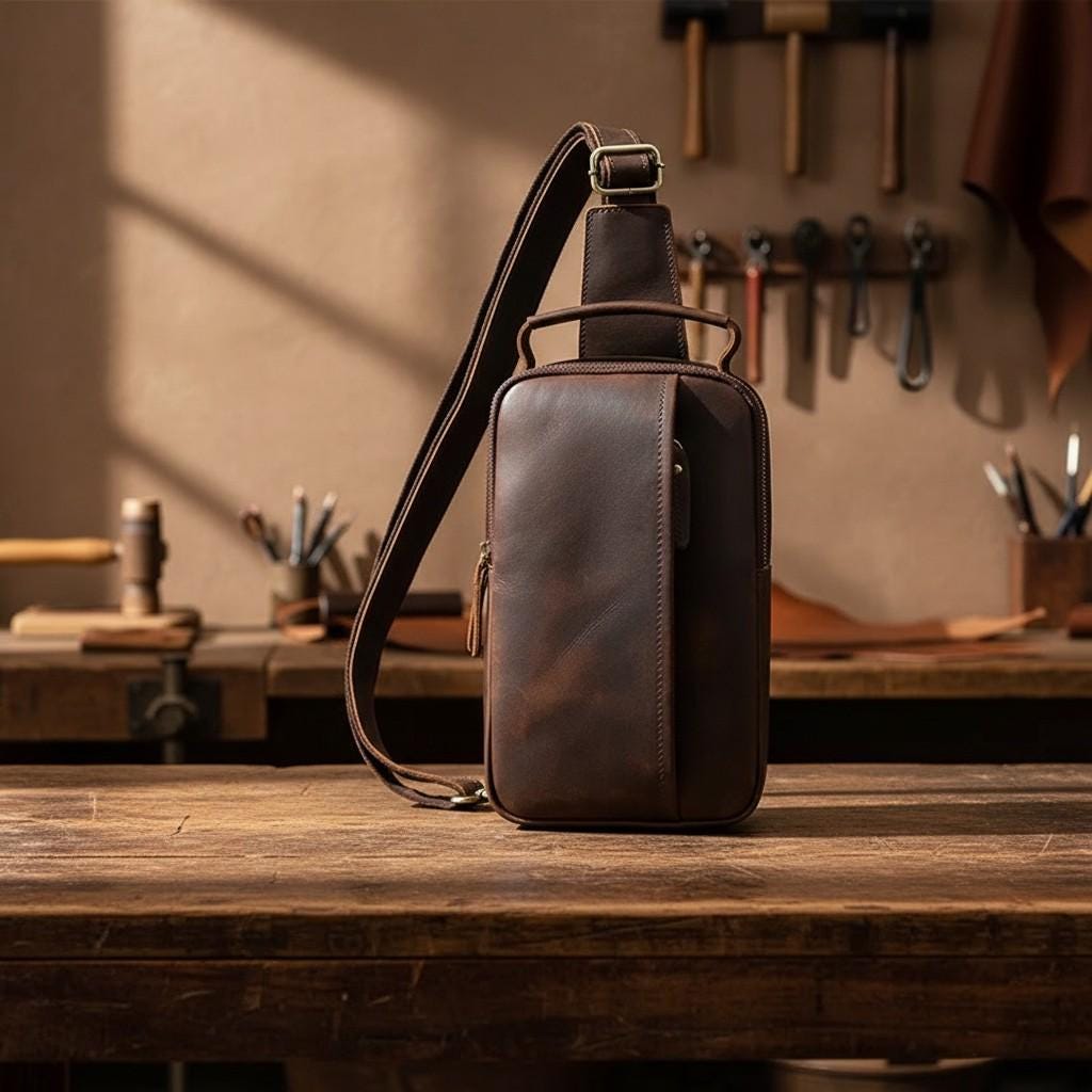 Genuine Leather Chest Bag Men, Crazy Horse Leather Sling Bag, Vintage Crossbody Bag, Mens Shoulder Bag, Travel EDC Pack