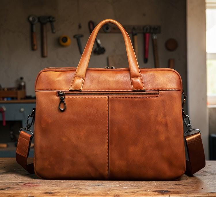 Leather Briefcase for Men, Vegetable Tanned Laptop Bag, Genuine Leather Business Bag, Professional Work Satchel, Vintage Office Attache