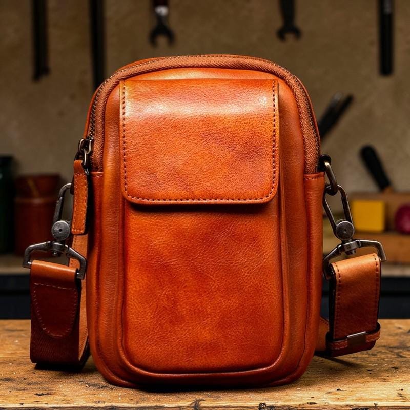 Vegetable Tanned Leather Shoulder Bag, Men's Crossbody Phone Bag, Vintage Leather Messenger, Small Satchel for Men, Minimalist Leather Pouch