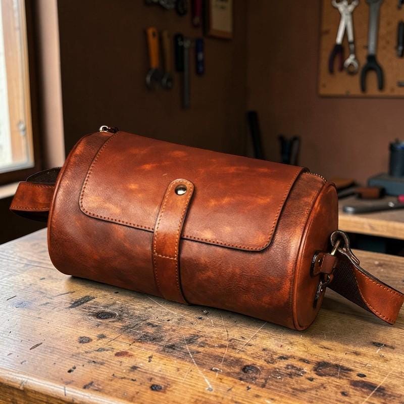 Vegetable Tanned Leather Cylinder Bag, Round Crossbody Satchel for Men and Women, Distressed Leather Drum Bag, Unisex Vintage Shoulder Bag