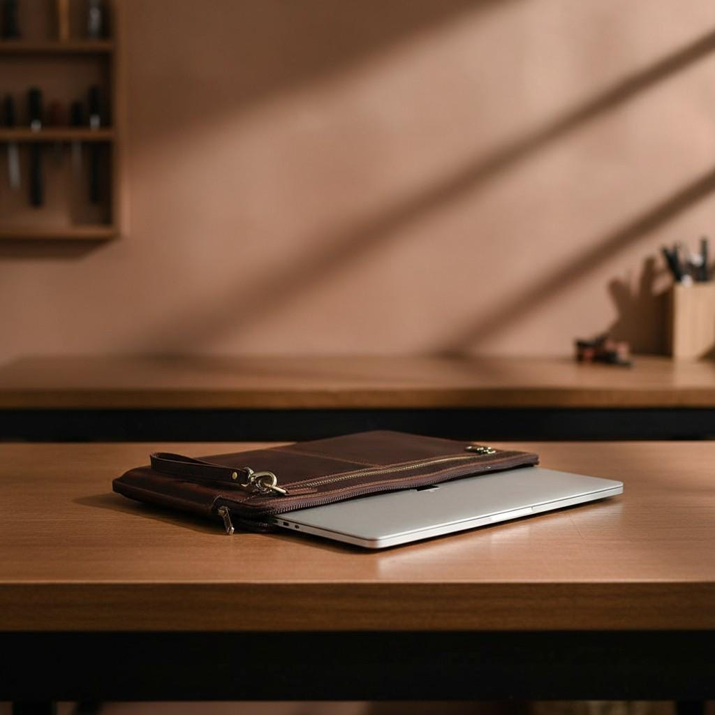 Leather Laptop Sleeve 13.3" 15.6" – Brown Zipper MacBook Pro Air Case with Wrist Strap & Front Pockets
