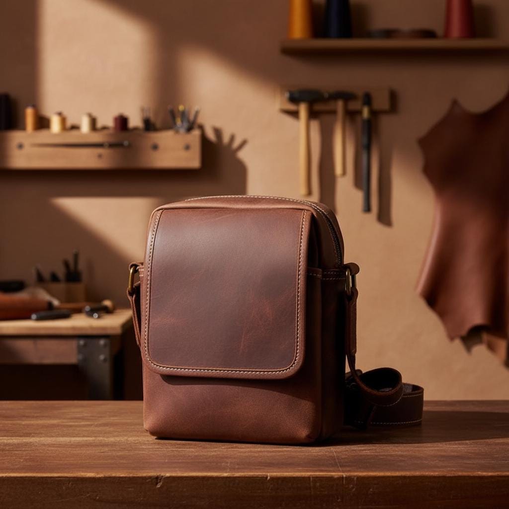Vintage Genuine Leather Messenger Bag for Men, Retro Cowhide Crossbody Shoulder Satchel, Business Casual Bag