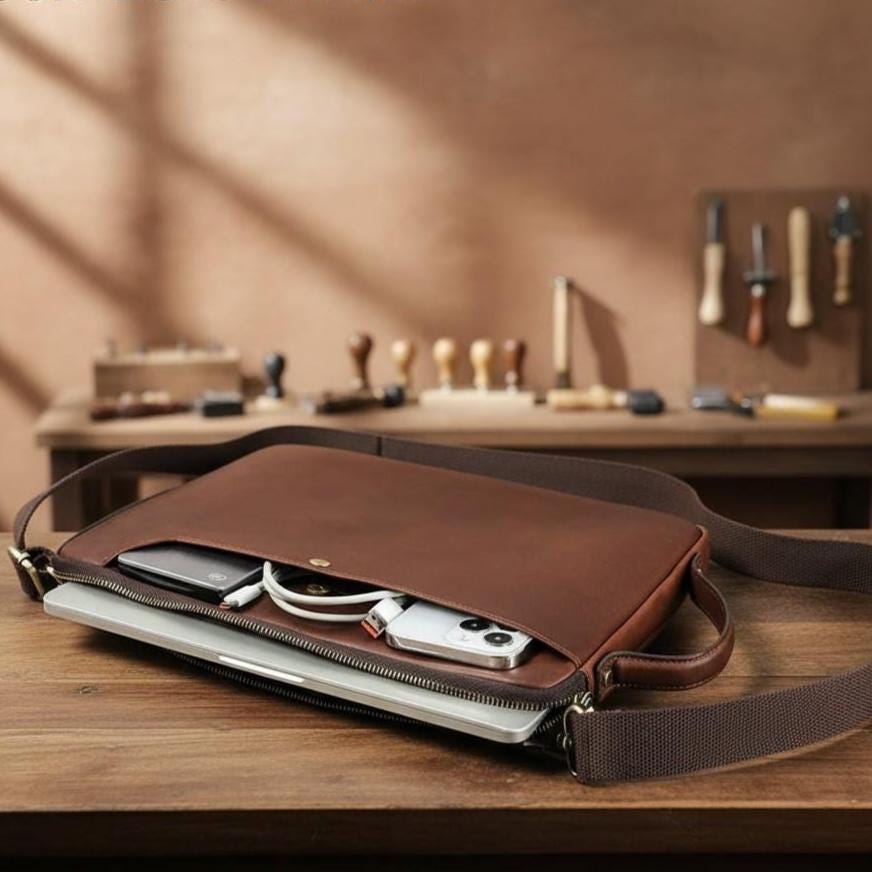 Leather Laptop Bag 13" 14" – Brown Vintage MacBook Pro Air Briefcase with Shoulder Strap