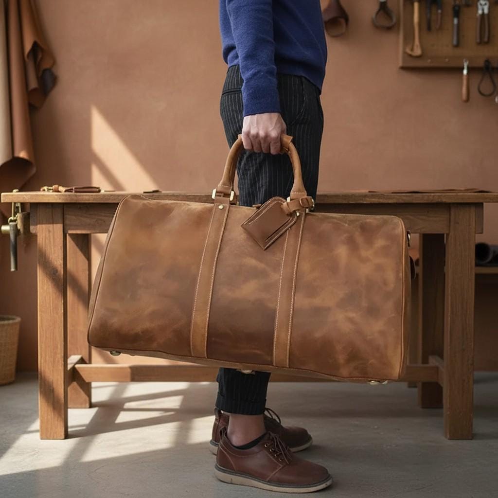 Leather Weekender Bag – Vintage Travel Duffle Bag, Mens Carry On Leather Bag, Overnight Bag with Shoe Compartment, Large Gym Travel Bag