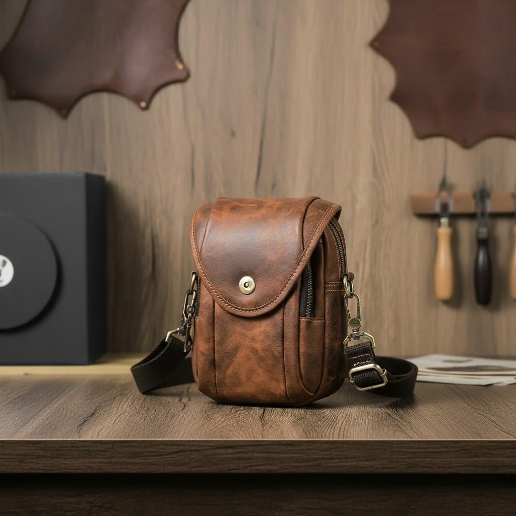 Leather Men's Sling Bag, Vintage Crossbody Waist Bag, Cowhide Casual Travel Phone Pouch
