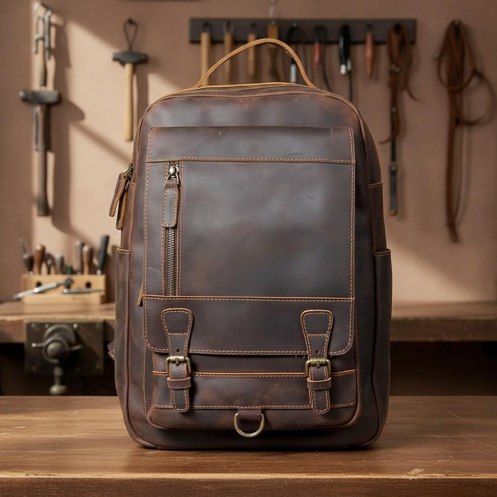Genuine Leather Laptop Backpack 15.6" – Dark Brown Crazy Horse Vintage Work & Travel Rucksack