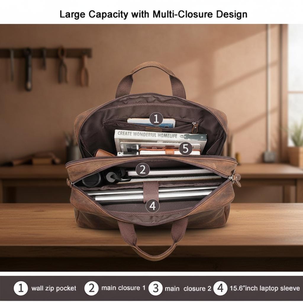 Vintage Crazy Horse Genuine Leather Briefcase 17 Inch Laptop Bag for Men – Large Brown Business Messenger Shoulder Bag