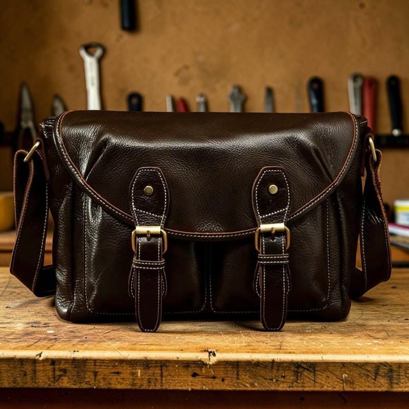 Leather Messenger Bag for Men, Large Capacity Shoulder Bag, Genuine Leather Satchel, Vintage Crossbody Bag, Commuter Work Bag, Gift for Him