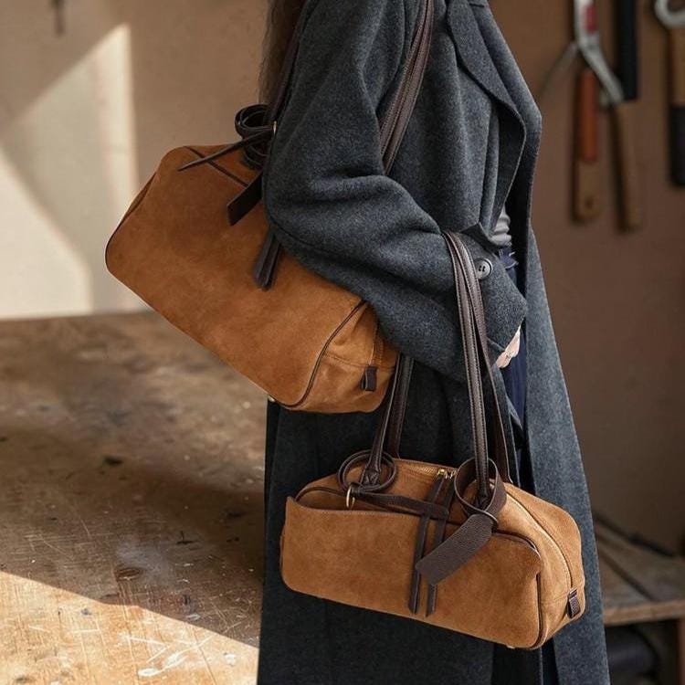 Suede Leather Bowling Tote Bag for Women – Chic Shoulder Handbag
