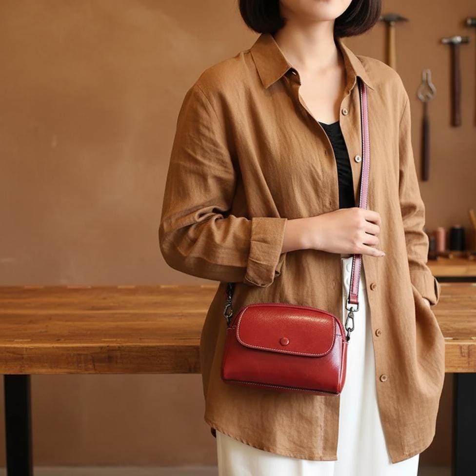 Mini Genuine Leather Crossbody Bag for Women – Vintage Cowhide Phone Shoulder Purse, Small Everyday Leather Handbag