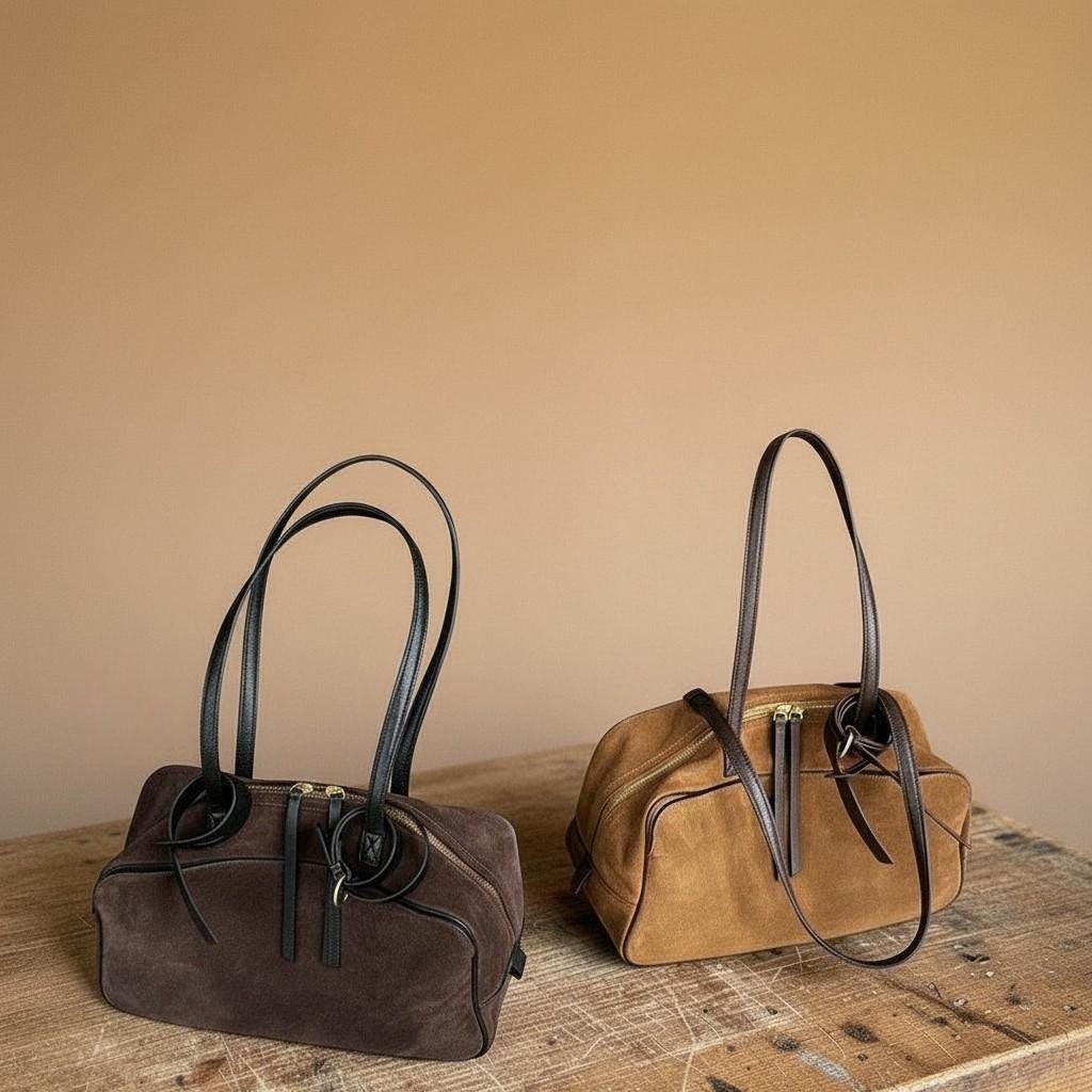 Suede Leather Bowling Tote Bag for Women – Chic Shoulder Handbag