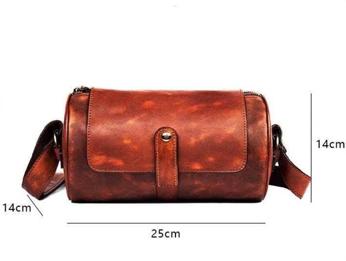 Vegetable Tanned Leather Cylinder Bag, Round Crossbody Satchel for Men and Women, Distressed Leather Drum Bag, Unisex Vintage Shoulder Bag