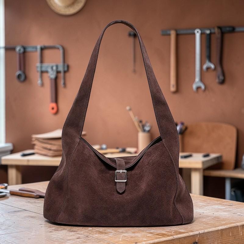 Natural Suede Leather Shoulder Bag for Women – Soft Cowhide Hobo Purse