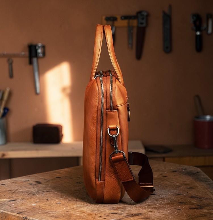 Leather Briefcase for Men, Vegetable Tanned Laptop Bag, Genuine Leather Business Bag, Professional Work Satchel, Vintage Office Attache