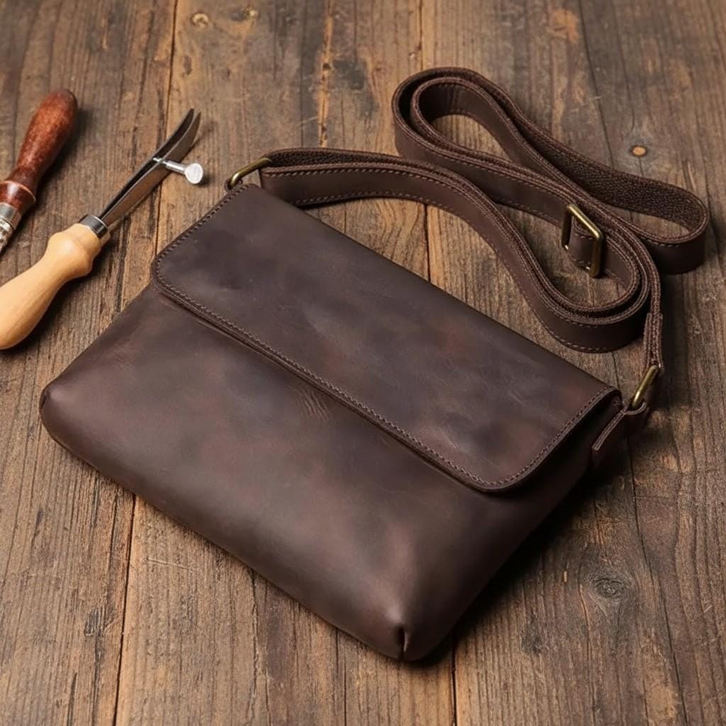 Leather Crossbody Bag for Men – Brown Vintage Cowhide Shoulder Satchel for 7.9" iPad & Everyday Carry