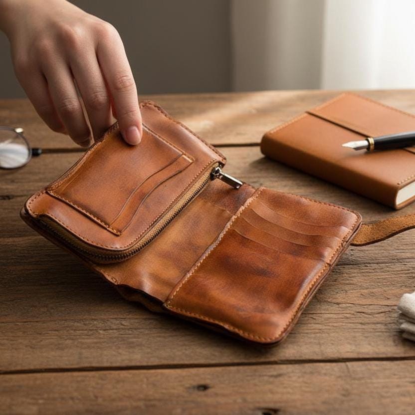 Genuine Leather Women’s Wallet Vintage Cowhide Short Bifold Wallet With Zipper Coin Pocket Handmade Style