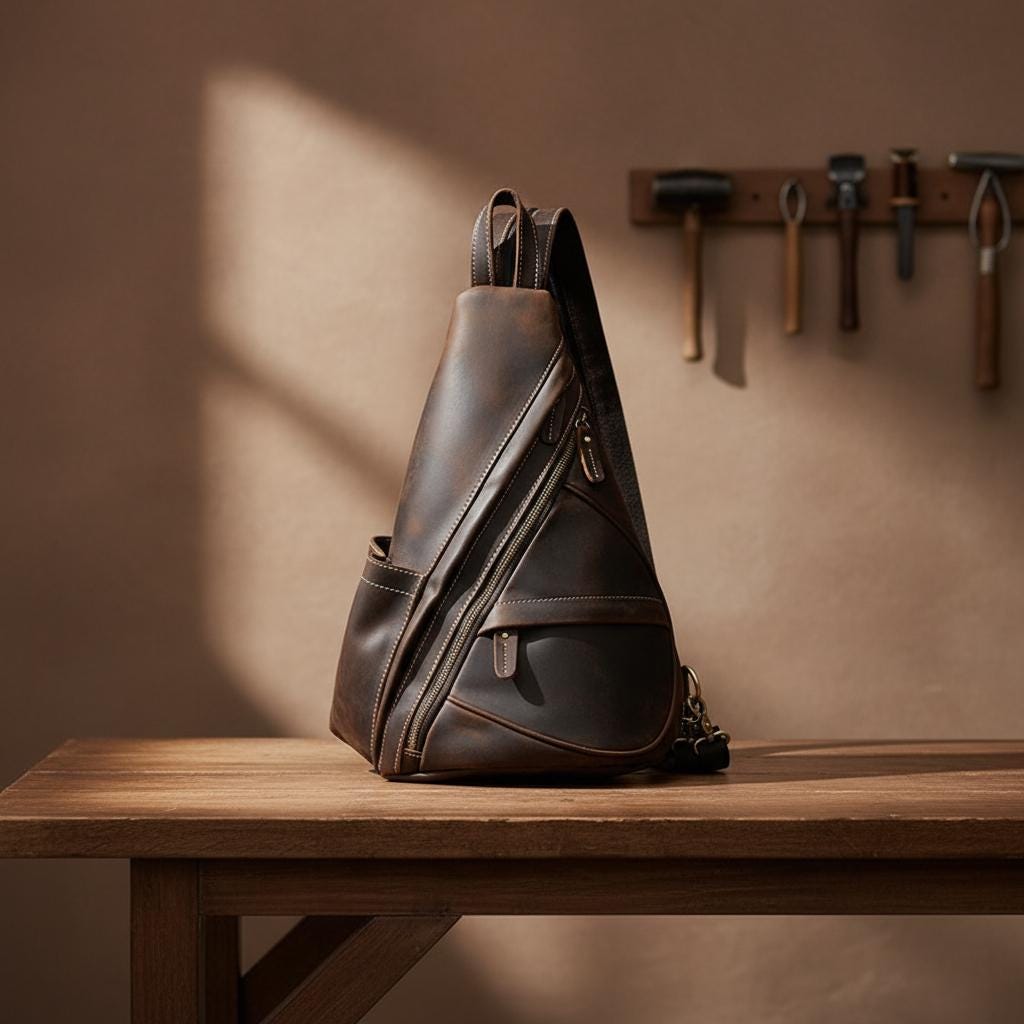 Leather Chest Bag for Men, Genuine Cowhide Sling Backpack, Crossbody Shoulder Bag, Brown Leather Travel Bag