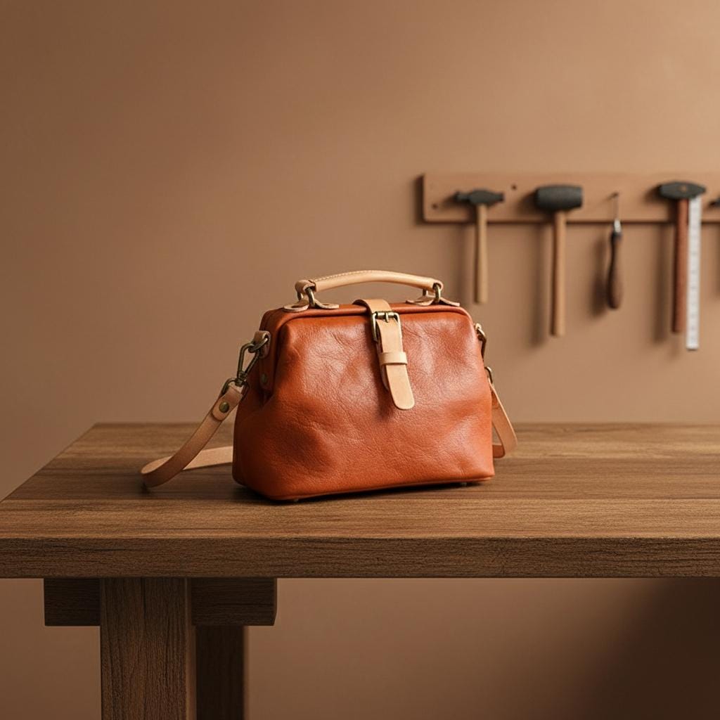 Genuine Leather Doctor Bag for Women, Vintage Handmade Cowhide Handbag, Retro Structured Shoulder Purse