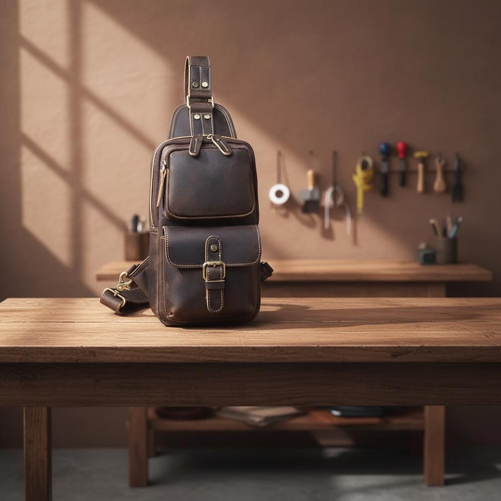 Men's Genuine Leather Chest Bag Vintage Dark Brown Crossbody Sling Bag Top Grain Cowhide Shoulder Bag for Travel & Everyday