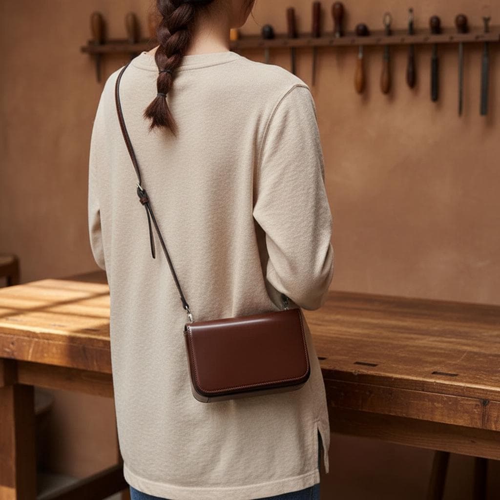 Genuine Leather Small Crossbody Bag for Women, Brown Cowhide Retro Shoulder Purse, Minimalist Flap Handbag