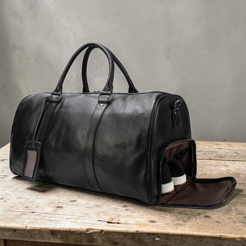 Leather Weekender Bag – Vintage Travel Duffle Bag, Mens Carry On Leather Bag, Overnight Bag with Shoe Compartment, Large Gym Travel Bag