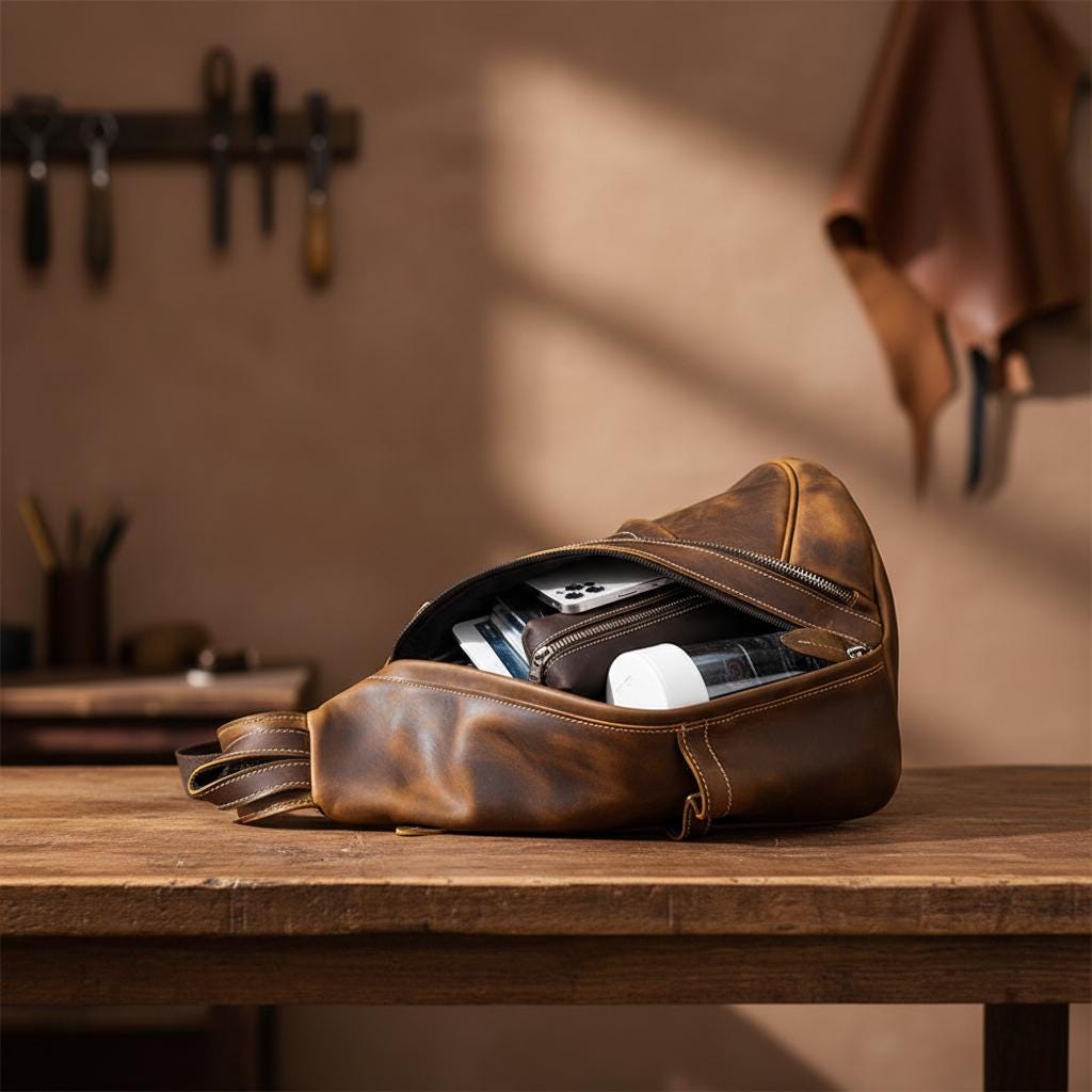Leather Chest Bag for Men, Genuine Cowhide Sling Backpack, Crossbody Shoulder Bag, Brown Leather Travel Bag