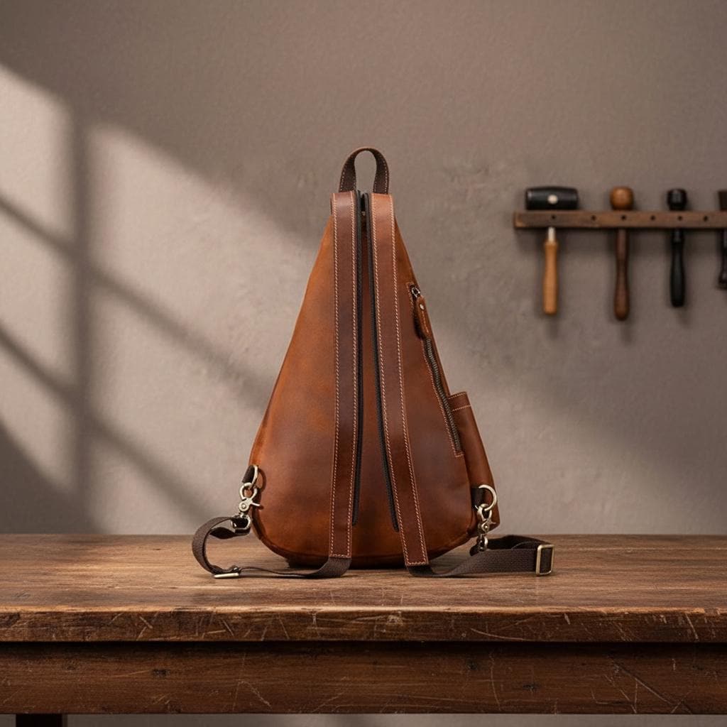 Leather Chest Bag for Men, Genuine Cowhide Sling Backpack, Crossbody Shoulder Bag, Brown Leather Travel Bag