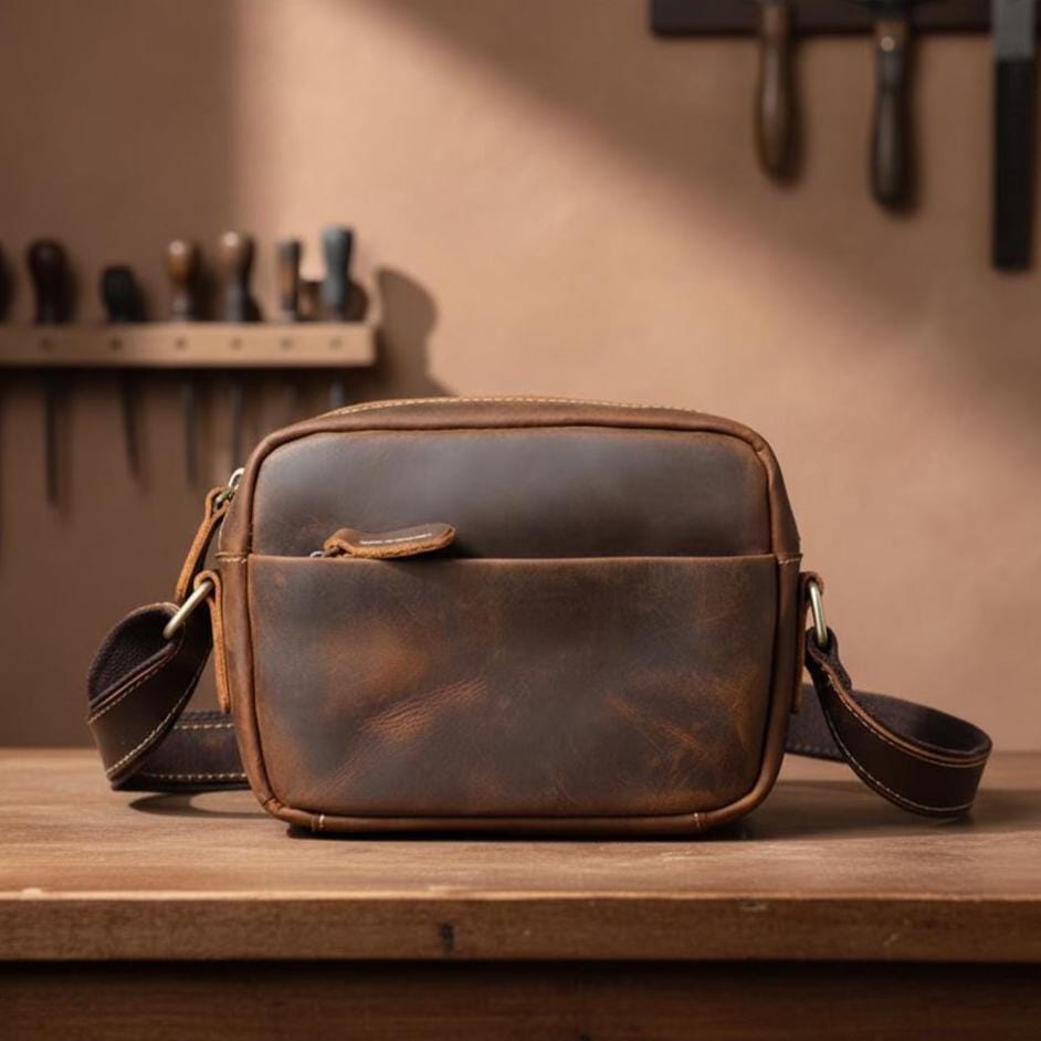 Vintage Crazy Horse Leather Crossbody Bag for Men – Small Genuine Cowhide Organizer Shoulder Bag, Brown Everyday Travel Satchel