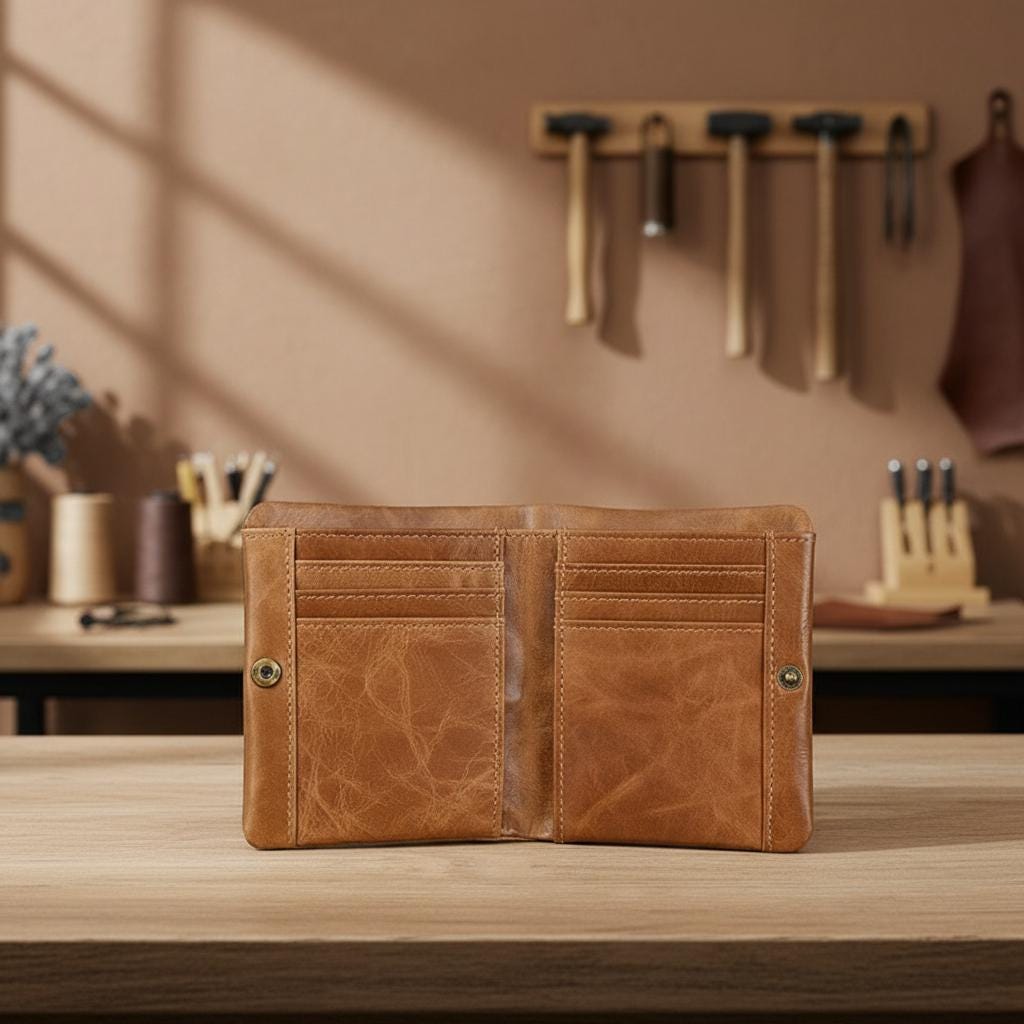 Leather Short Bifold Wallet for Men, Crazy Horse Cowhide Card Holder, Vintage Minimalist Slim Wallet, Handmade Style Gift for Him